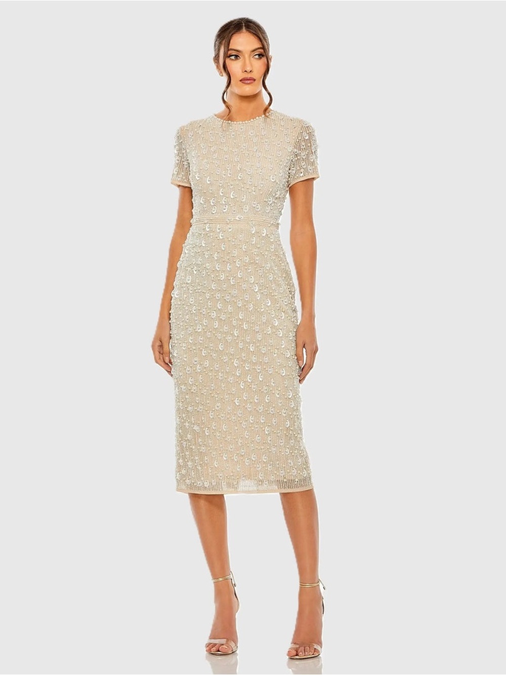 MAC DUGGAL Beige Pearls Sequins Wedding Embellished Midi Sheath Dress 6 NWT $698